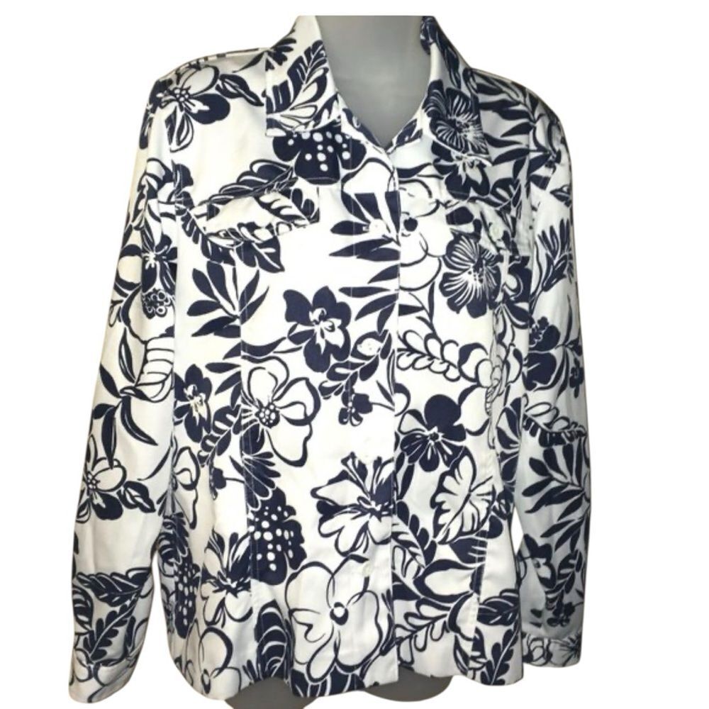 Alfred Dunner Blazer/Jacket Blue Floral Long Sleeve Polyester Navy and White